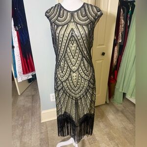 Beaded Black Fringe Evening Dress - Elegant Art Deco Style